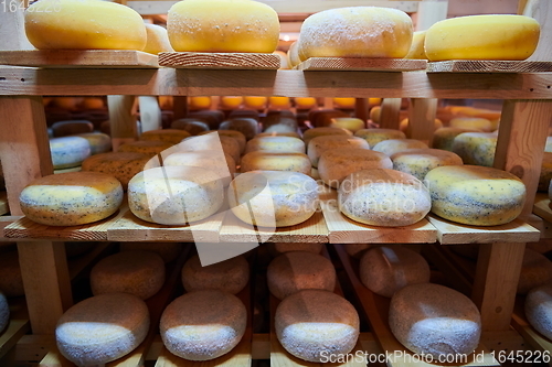 Image of Cheese factory production shelves with aging old cheese