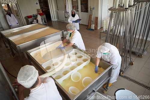 Image of Workers preparing raw milk for cheese production