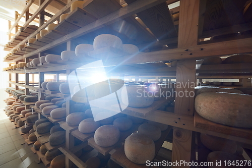 Image of Cheese factory production shelves with aging old cheese