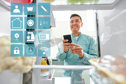 Image of man with smartphone making list of food in fridge