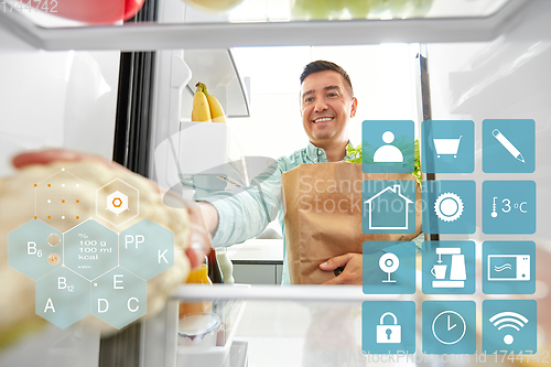 Image of man putting new purchased food to home fridge