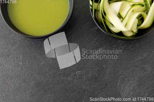 Image of peeled or sliced zucchini and cream soup in bowl