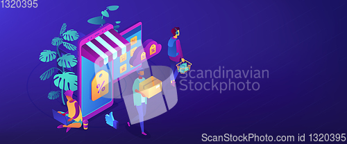 Image of Online discount store concept isometric 3D banner header.