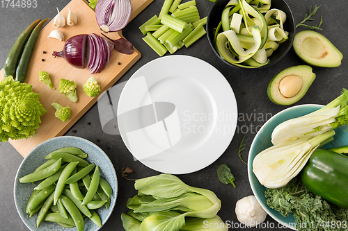 Image of different green vegetables and white empty plate