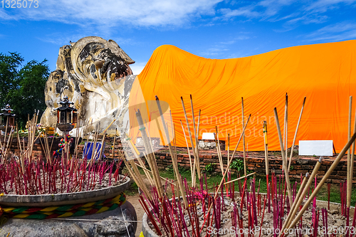 Image of Reclining Buddha, Wat Lokaya Sutharam temple, Ayutthaya, Thailan