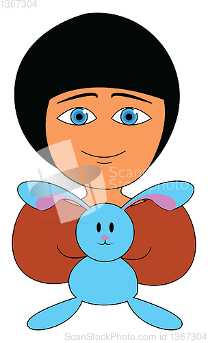 Image of Girl holding a blue bunny looks cute vector or color illustratio