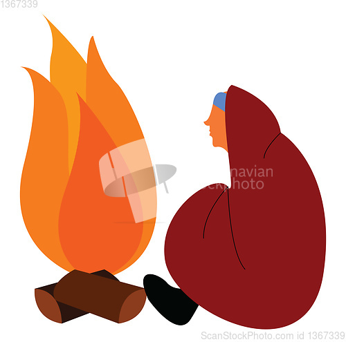 Image of A man sitting next to a bonfire, vector color illustration.