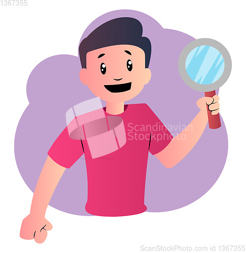 Image of Happy cartoon boy with magnifier vector illustartion on white ba