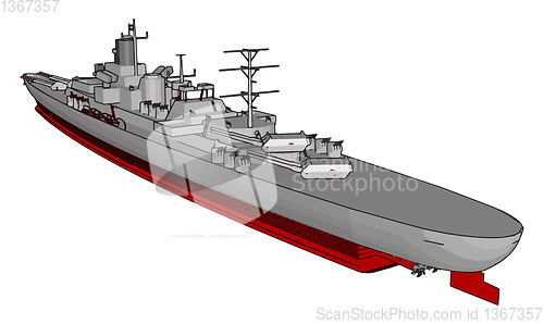 Image of 3D vector illustration of a long red and grey military war ship 
