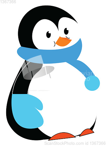 Image of A cute penguin in winter clothes wearing blue scarf and hand glo