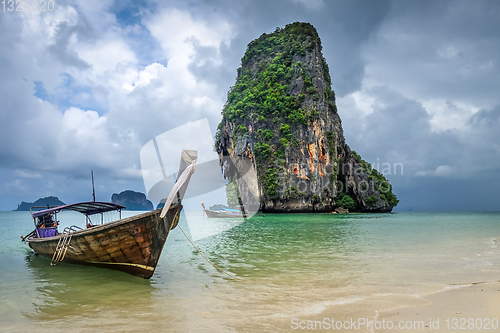 Image of Long tail boat on Phra Nang Beach, Krabi, Thailand