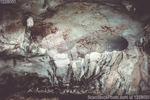 Image of Prehistoric paintings in a cave, Phang Nga Bay, Thailand