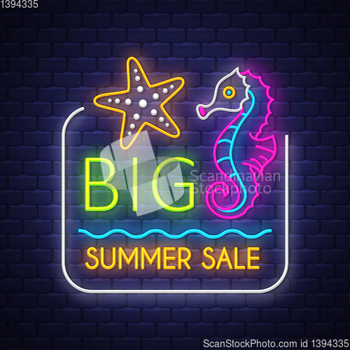 Image of Summer sale banner. Neon sign lettering.