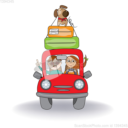 Image of happy couple with their dog traveling with funny red car. Summer