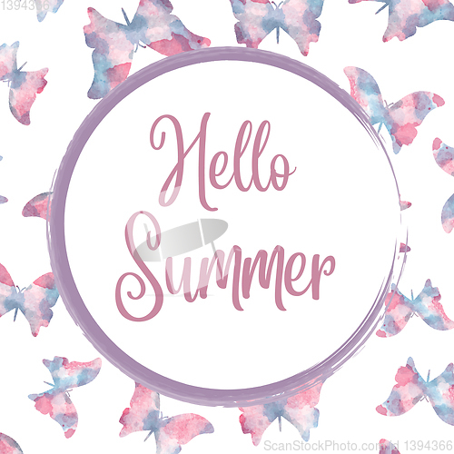 Image of Hello summer. Watercolor banner with butterflies
