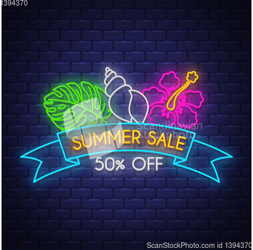 Image of Summer sale banner. Neon sign lettering.