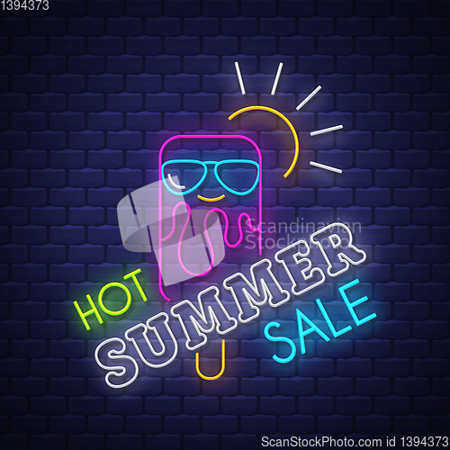 Image of Summer sale banner. Neon sign lettering.