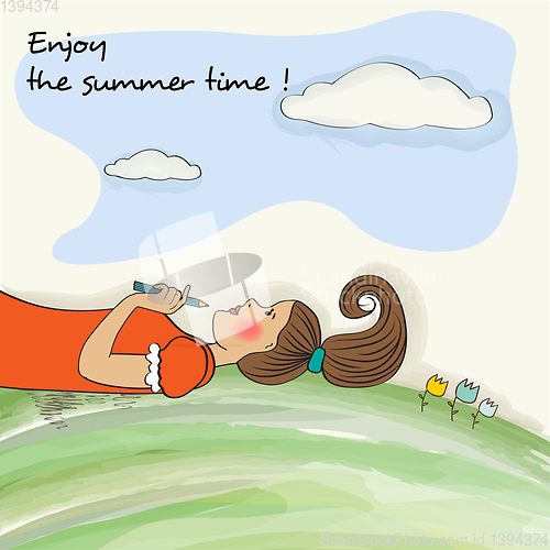 Image of Romantic  girl enjoy the summer time. Watercolor banner
