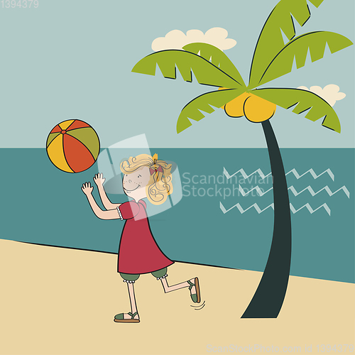 Image of Cute girl play the ball on the beach , Summer holiday poster