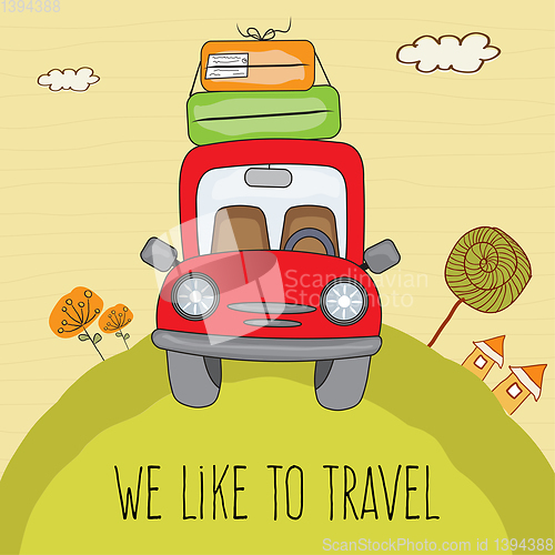 Image of Red car with suitcases on the road. Summer holiday poster