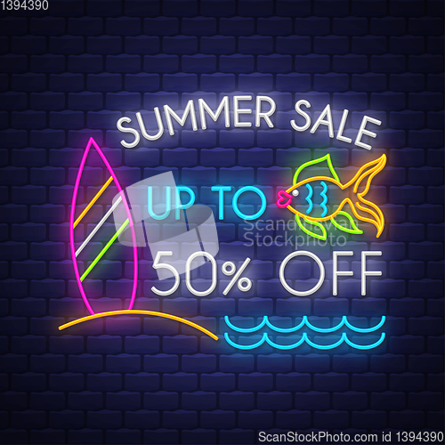 Image of Summer sale banner. Neon sign lettering.