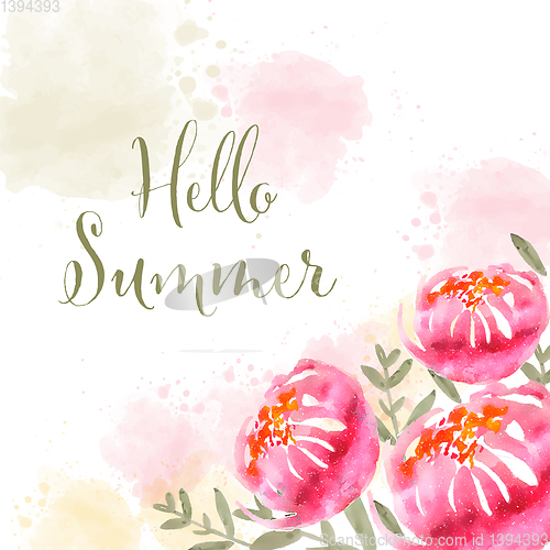 Image of Hello summer. Watercolor banner with flowers