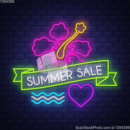 Image of Summer sale banner. Neon sign lettering