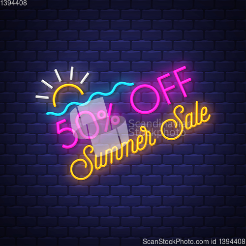 Image of Summer sale banner. Neon sign lettering.