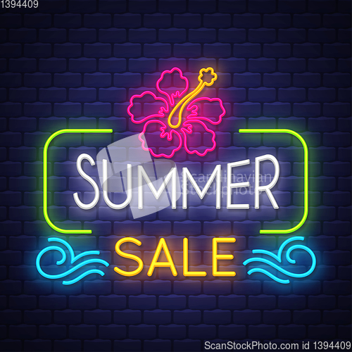 Image of Summer sale banner. Neon sign lettering.