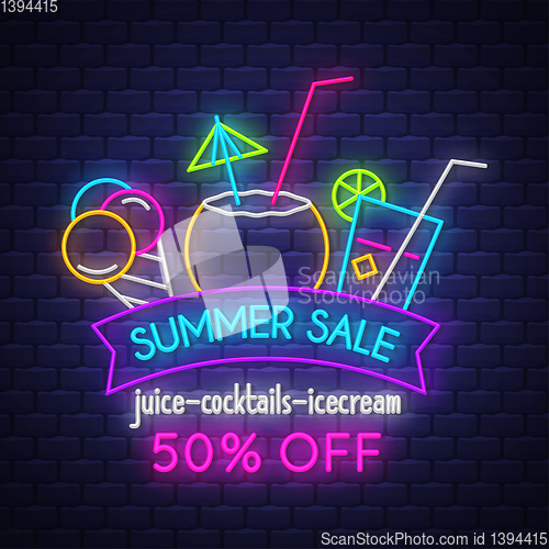 Image of Summer sale banner for drinks. Neon sign lettering.