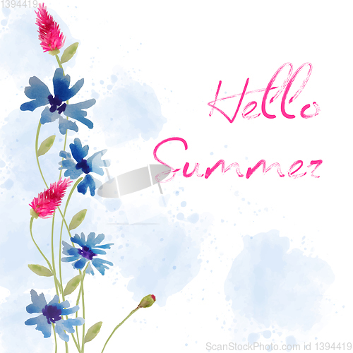 Image of Hello summer. Watercolor banner with flowers