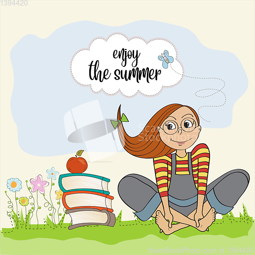 Image of Teenage girl with many books enjoy the summer. 