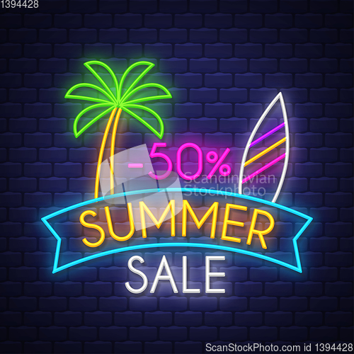 Image of Summer sale banner. Neon sign lettering