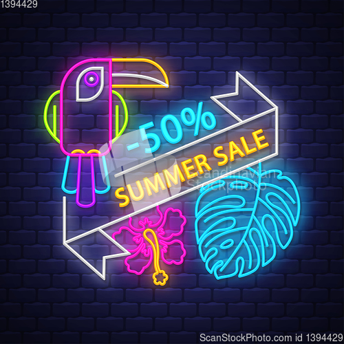 Image of Summer sale banner. Neon sign lettering