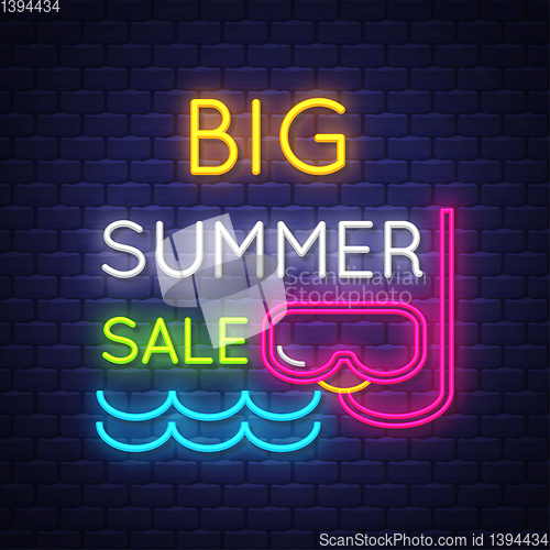 Image of Summer sale banner. Neon sign lettering.