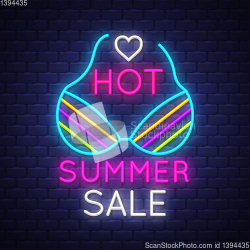 Image of Summer sale banner. Neon sign lettering.