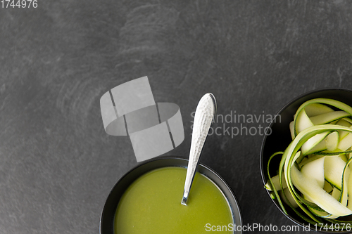 Image of peeled or sliced zucchini and cream soup in bowl