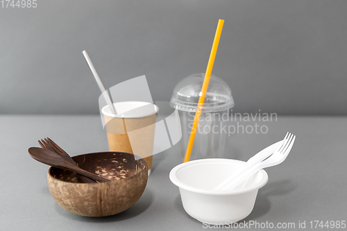 Image of close up of eco friendly and plastic tableware