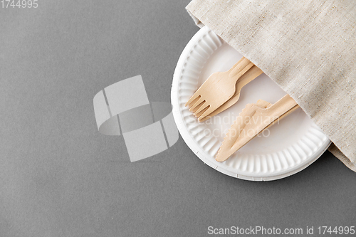 Image of wooden forks and knives on paper plates and napkin