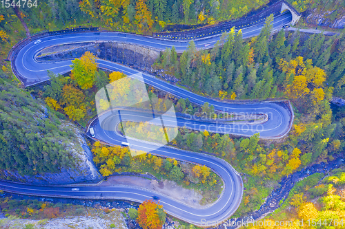 Image of Windinding road in autumn forest from above