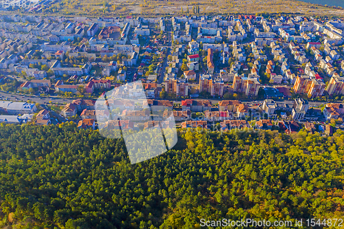 Image of Above view of city near forest