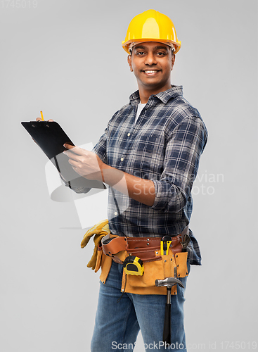 Image of thinking builder with clipboard and pencil