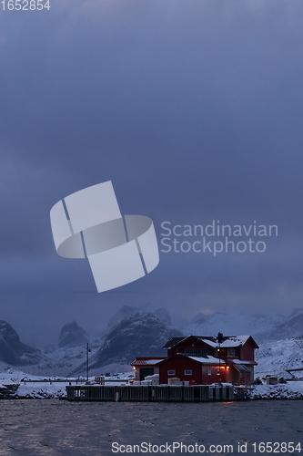 Image of Traditional Norwegian fisherman\'s cabins and boats