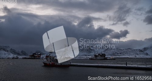 Image of Traditional Norwegian fisherman\'s cabins and boats