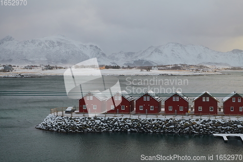 Image of Traditional Norwegian fisherman\'s cabins and boats