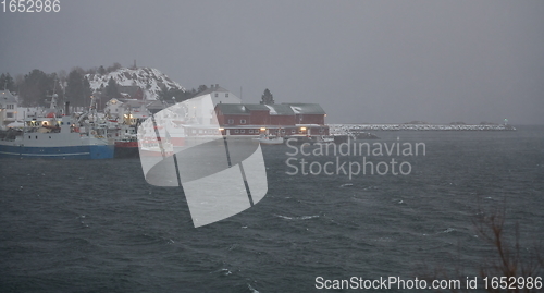 Image of Traditional Norwegian fisherman\'s cabins and boats