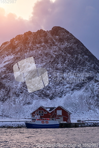 Image of Traditional Norwegian fisherman\'s cabins and boats