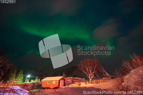 Image of Aurora borealis Green northern lights above mountains