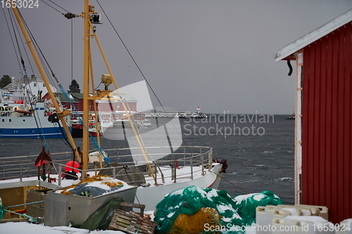 Image of Traditional Norwegian fisherman\'s cabins and boats