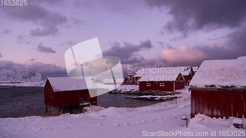 Image of Traditional Norwegian fisherman\'s cabins and boats